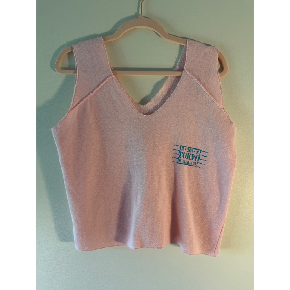 Vintage Just Fitz Pink Tokyo Graphic Tank Top Sweatshirt Material V-Neck Large